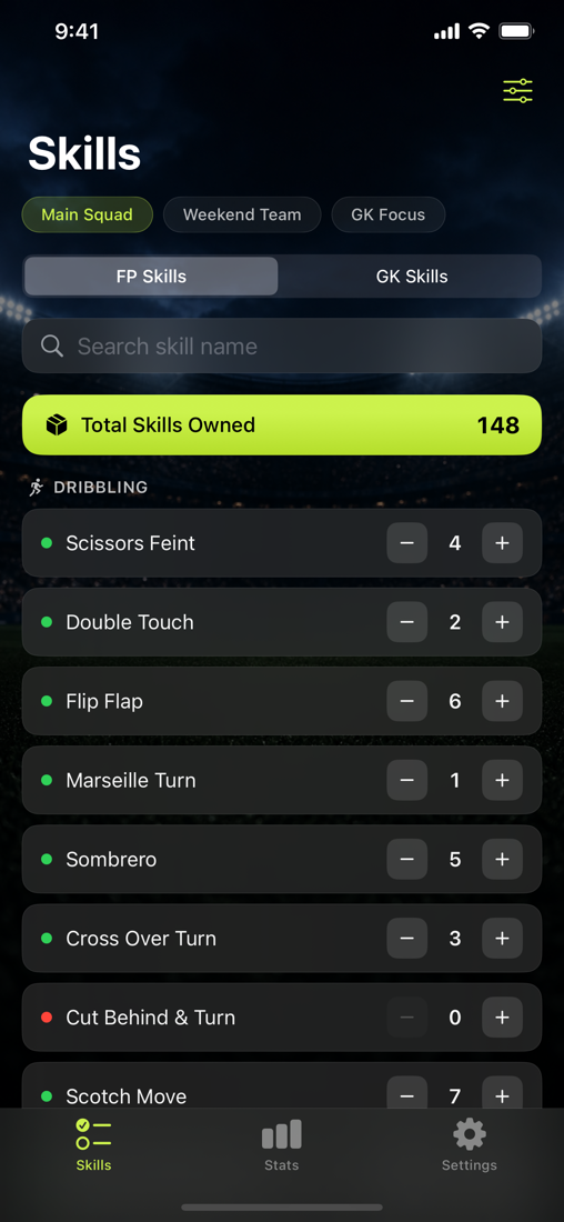 Skill management screen screenshot